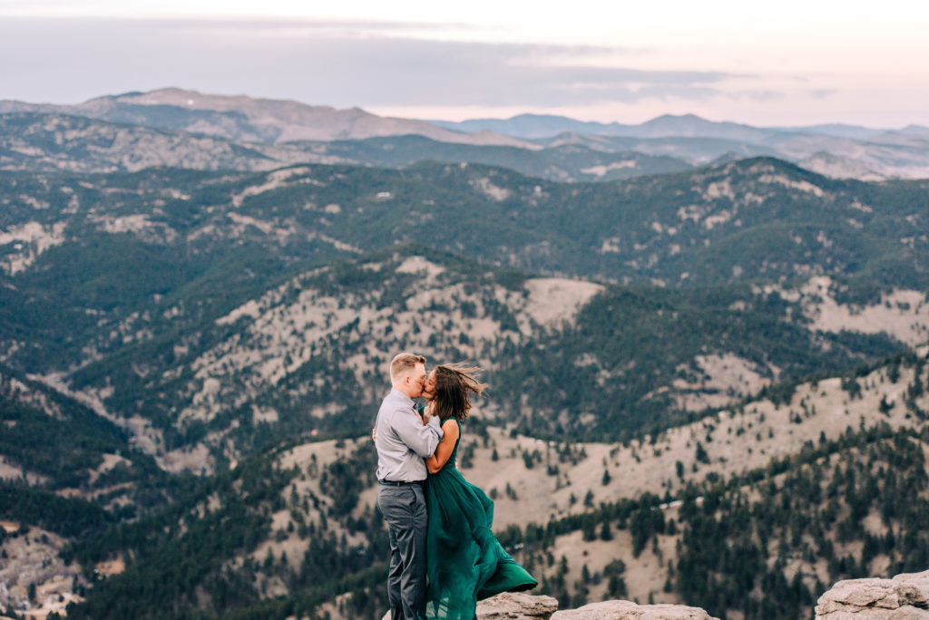 Engaged Bride and Groom Kissing on top of Lost Gulch Overlook in Boulder Colorado