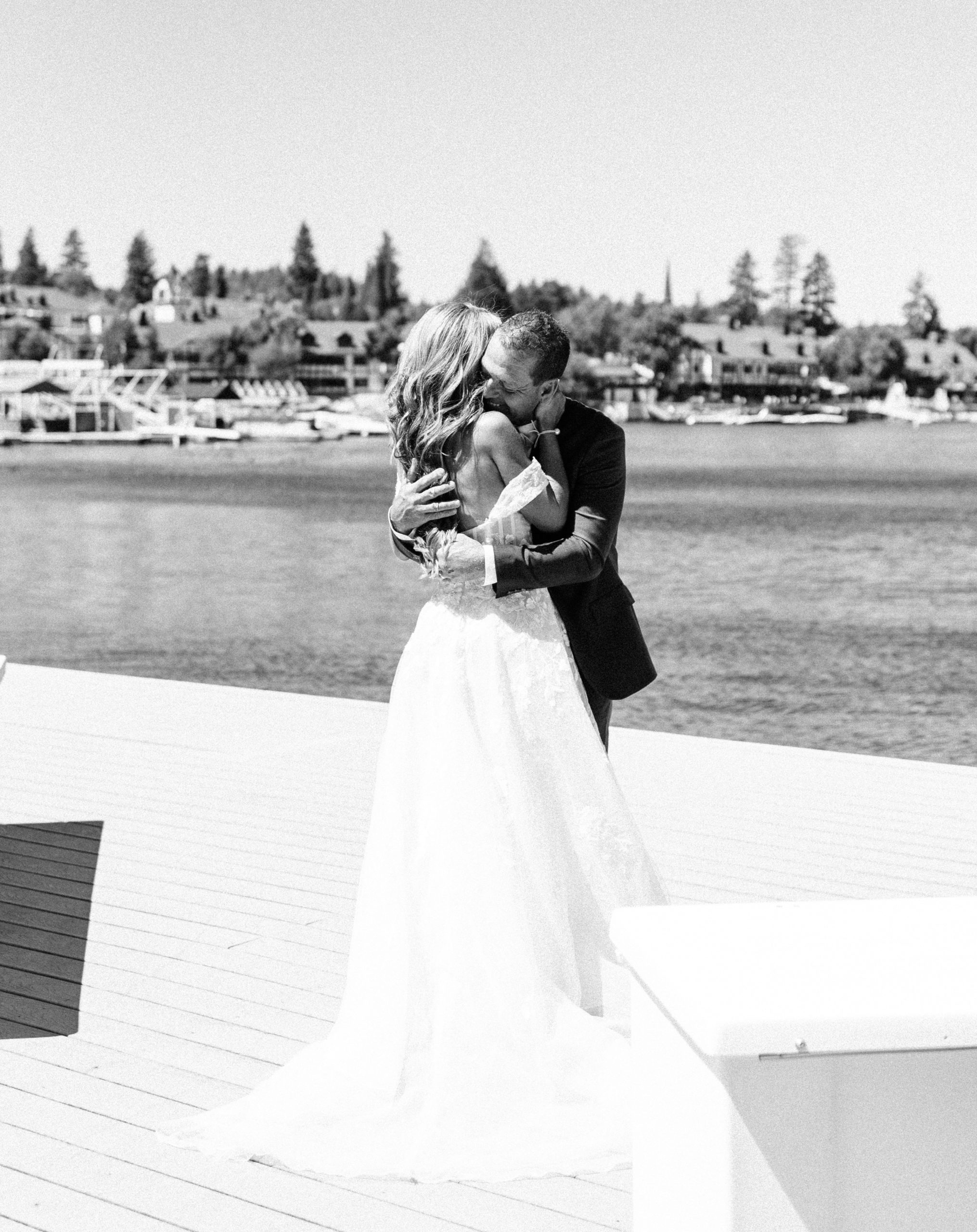 The bride and her dad on the dock of Lake Arrowhead before the wedding