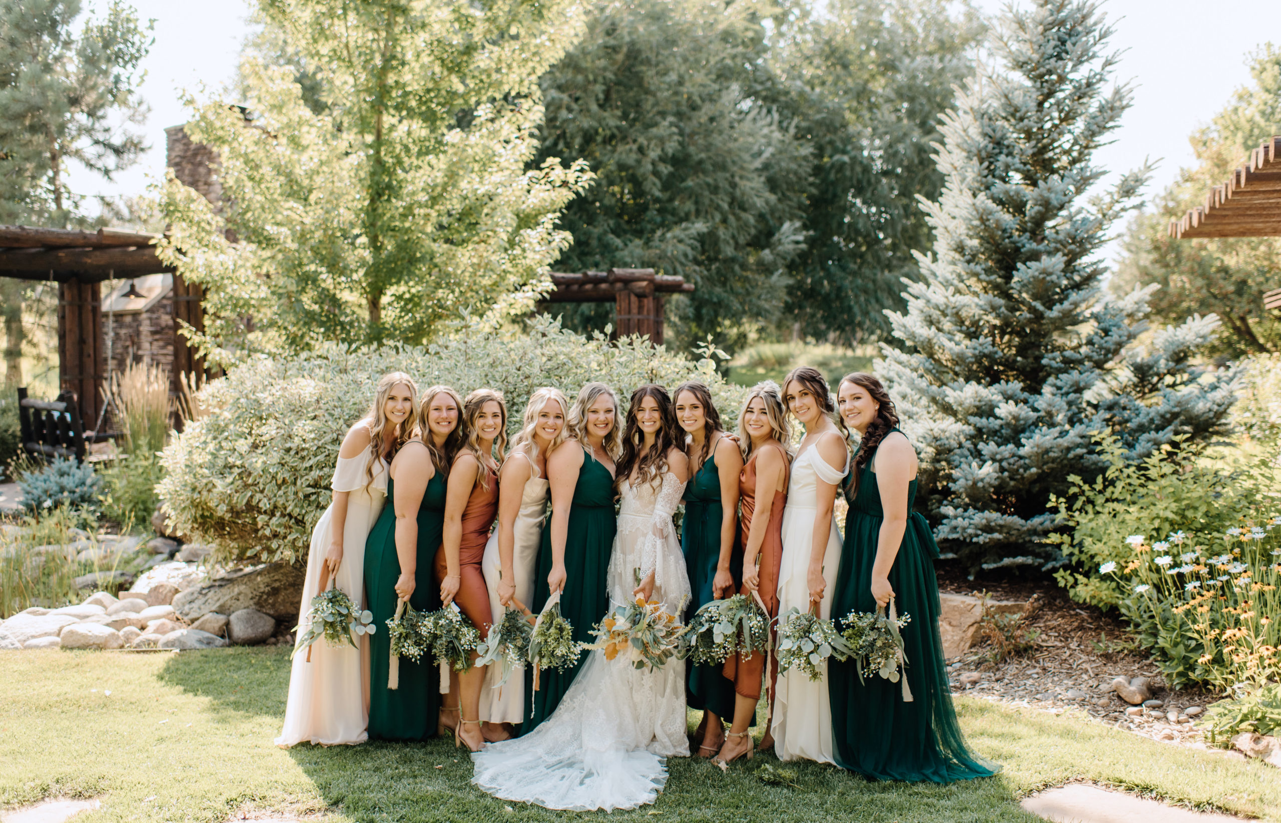 The bride and the bridesmaids before the Spruce Mountain Ranch wedding ceremony 