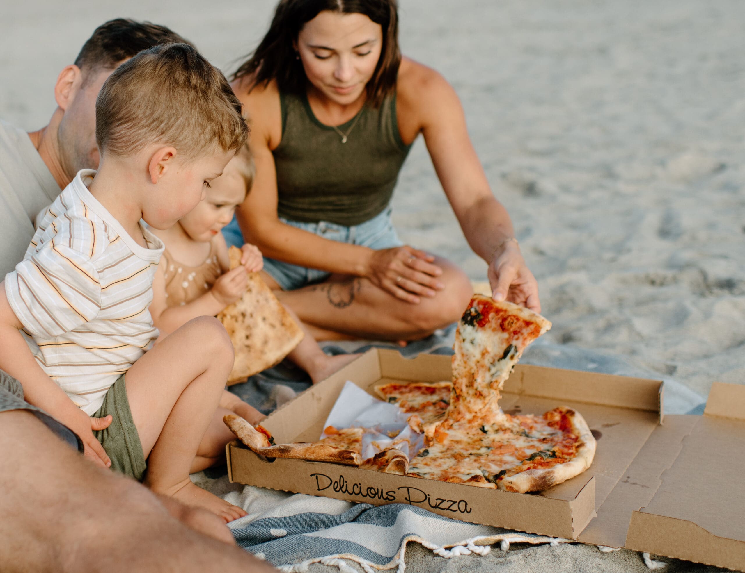 Pizza picnic on the beach in Oceanside 
